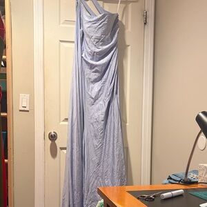 One Shoulder Stretch Satin Rhinestoned Gown in Lavender 12